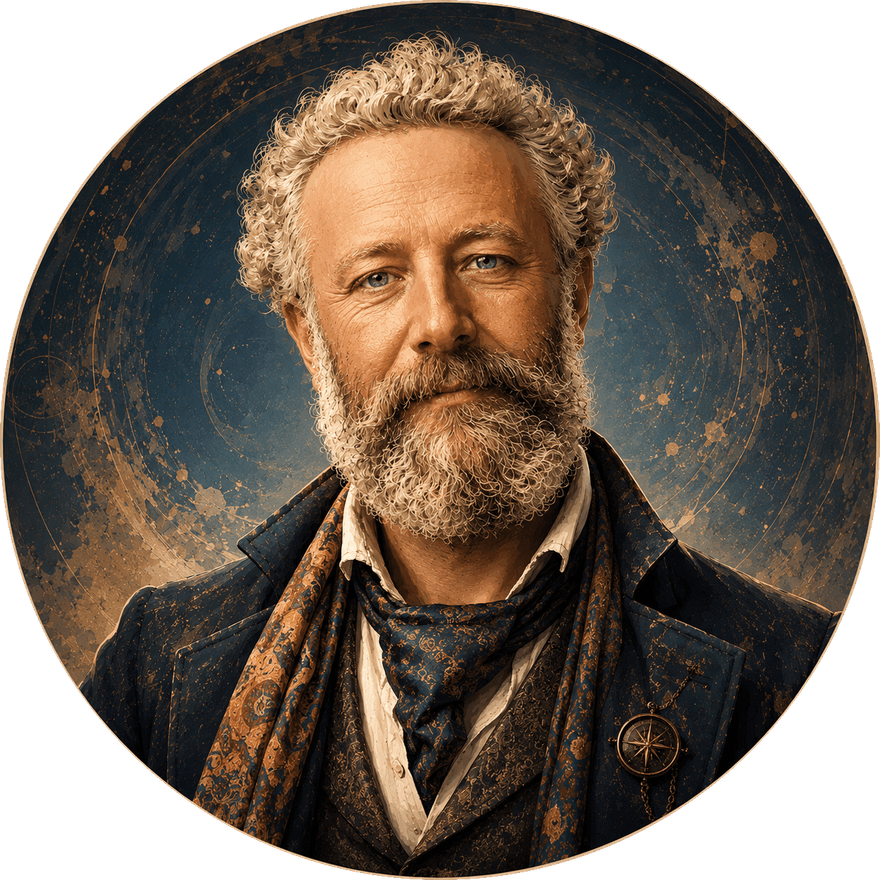 Rick Verne — a bearded 19th-century adventurer in a dark coat and patterned scarf